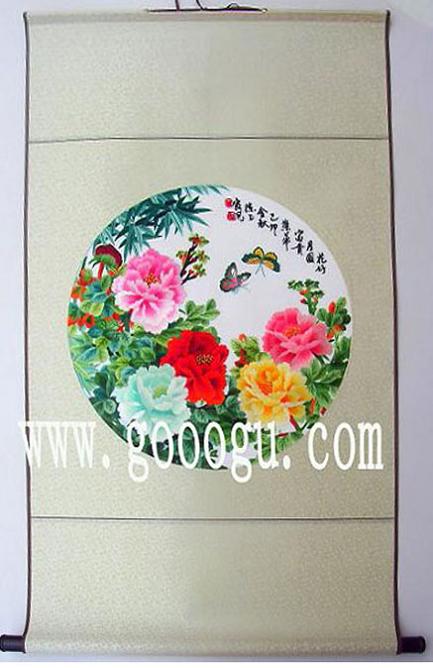 圓形牡丹刺繡畫(huà),傳統(tǒng)天地桿蘇繡畫(huà)禮品